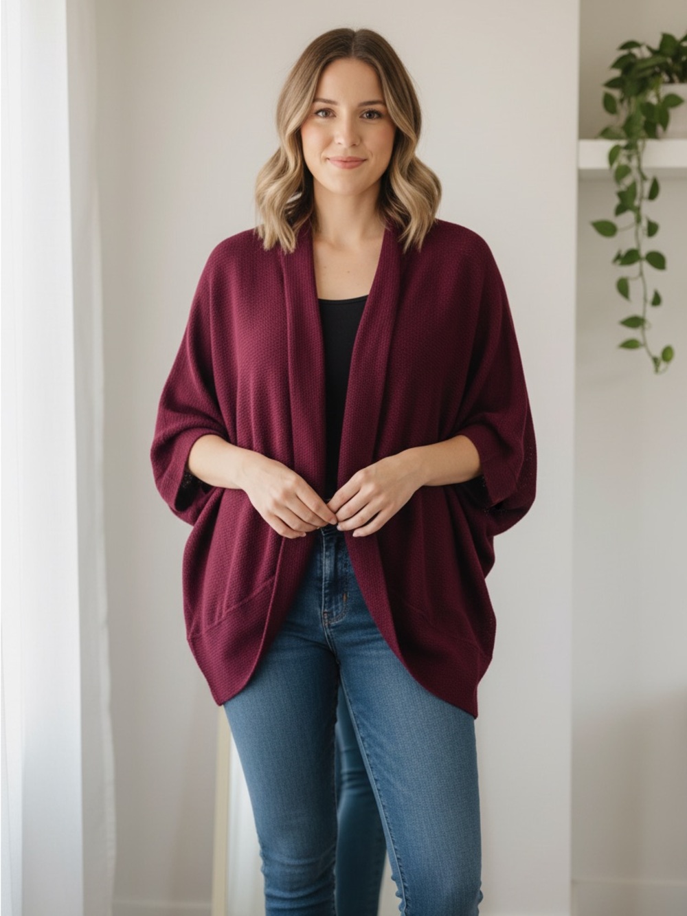 TeenBell Open-Front Poncho Cardigan in Burgundy